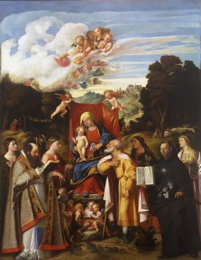 Madonna entronizada con ángeles, Santa Apolonia, San Agustín, Santa Catalina, San José, Santa Grata, San Felipe Benizzi y Santa Bárbara (Retablo de San Gotardo) de Giovanni de Busi Cariani