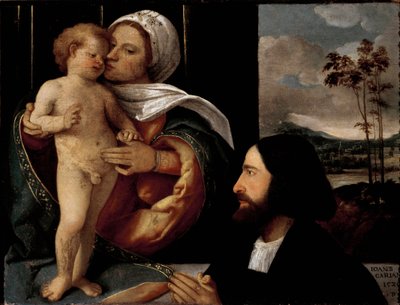 Virgen y Niño con un hombre devoto de Giovanni de Busi Cariani