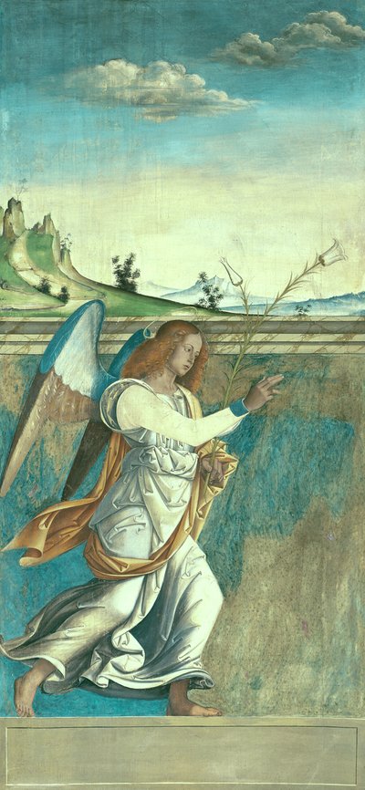 Ángel Gabriel, panel de la anunciación que originalmente formaba una de las contraventanas del órgano en San Bartolomeo, Vicenza de Giovanni de