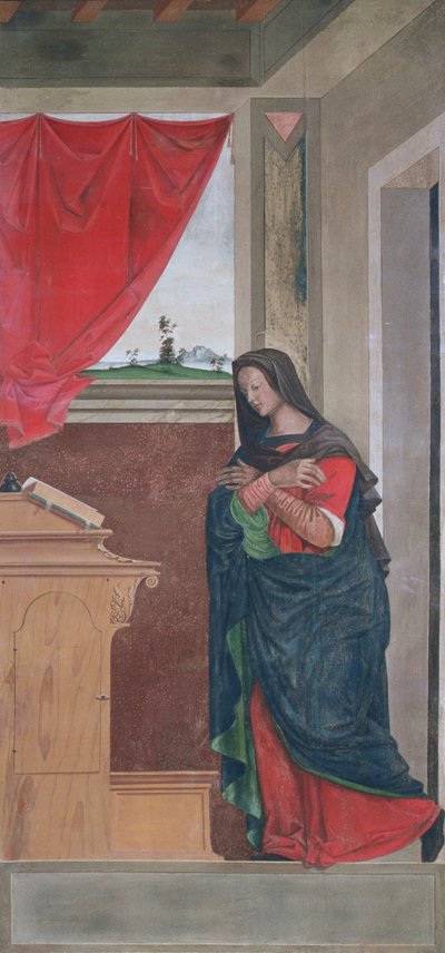 Virgen Anunciada, panel de la Anunciación que originalmente formaba una de las contraventanas del órgano en San Bartolomeo, Vicenza (temple sobre lienzo) de Giovanni de