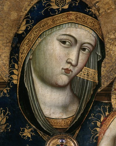 Virgen con el Niño, detalle. El rostro de la Virgen María cubierto con una tela transparente y una capucha de tela roja. Detalle del retrato de la Virgen con el Niño. Pintura de Giovanni Del Biondo (ca. 1356-1398). Políptico. Retablo italiano. Dimensiones: de Giovanni del Biondo dal Casentino