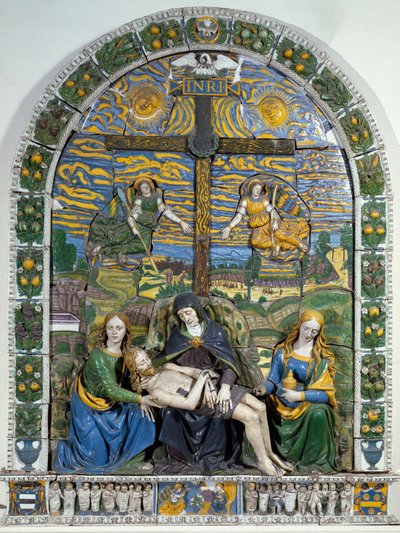 La Deposición (Piedad) Jesús Cristo y la Virgen María rodeados por San Juan y Santa María Magdalena ante la cruz con la inscripción INRI (bajo relieve) de Giovanni della Robbia
