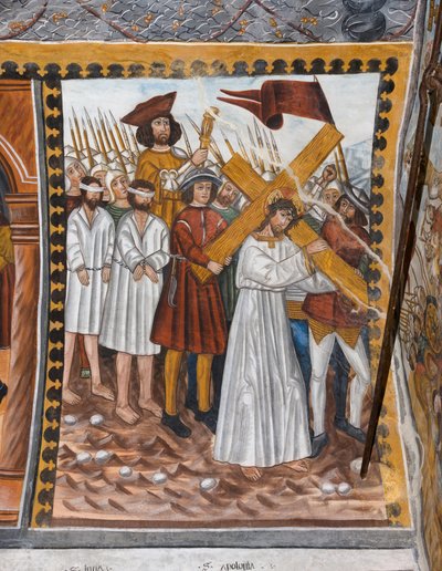 Historias de la Pasión de Cristo: Jesús sube al Calvario cargado con la cruz y ayudado por Cirineo de Giovanni di Cherasco Botoneri