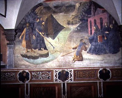 San Benito recuperando el hacha del leñador del lago, (detalle) del ciclo de frescos de la vida de San Benito del Chiostro degli Aranci (Claustro de los Naranjos) c.1430