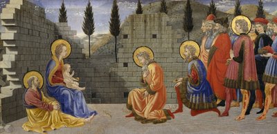 Adoración de los Magos, detalle de la Natividad y adoración de los Magos, entre 1457 y 1459, por Giovanni di Francesco (1412-1459), temple sobre madera. de Giovanni di Francesco