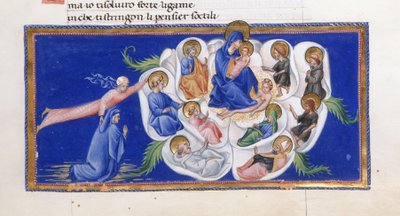 Dante y Beatriz ante la Virgen y el Niño, sentados dentro de la Rosa Celeste, rodeados de varios santos, del Paradiso en 
