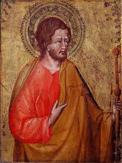Representación de Santiago el Peregrino Este es Santiago el Mayor o Santiago, hijo de Zebedeo. Pintura de Giovanni di Paolo (1395/1400-1482) de Giovanni di Paolo