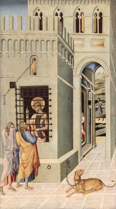 San Juan Bautista en la cárcel visitado por dos discípulos de Giovanni di Paolo