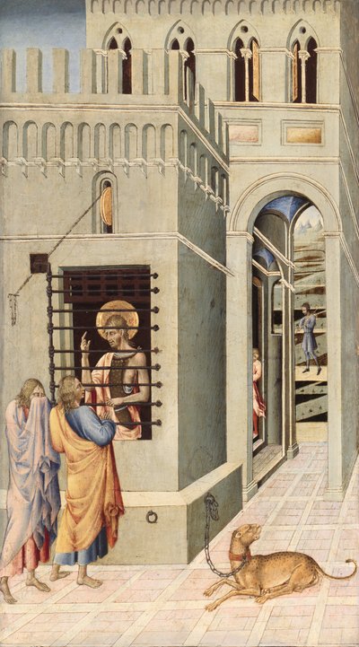 San Juan Bautista en prisión visitado por dos discípulos, 1455-60 de Giovanni di Paolo