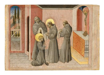 La Investidura de Santa Clara: la Santa recibiendo las ropas de su Orden de manos de San Francisco, c.1389-1482 (temple y oro sobre tabla) de Giovanni di Paolo