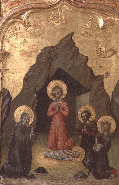 Adoración del Niño por la Virgen, San José y dos santos de Giovanni di Paolo di Grazia