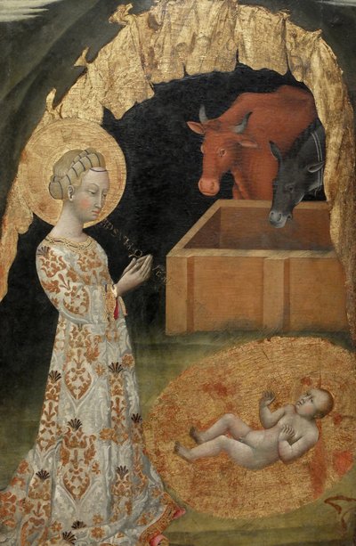 La Natividad, San Victorino, San Ansano, detalle central de Giovanni di Paolo di Grazia