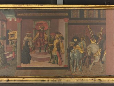 La historia de Trajano y la viuda, detalle de un panel de un cassone, c.1450 (temple sobre tabla) de Giovanni di Ser Giovanni Scheggia