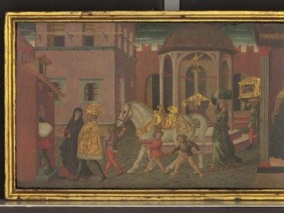 La historia de Trajano y la viuda, detalle de un panel de un cassone, c.1450 (temple sobre tabla) de Giovanni di Ser Giovanni Scheggia