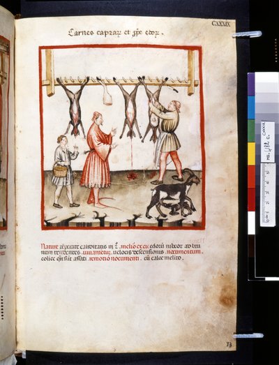 Theatrum sanitatis de Ububchasym de Baldach: "Carnes Caprarum et Pulpe Edorum", primera década del siglo XIV (miniatura) de Giovannino de
