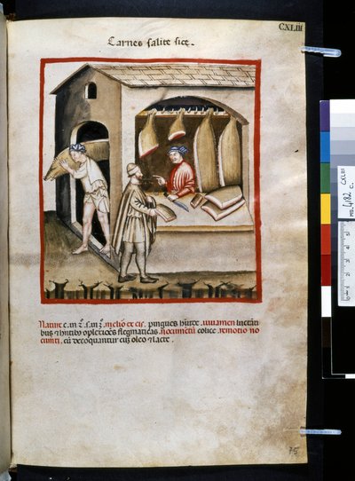 Theatrum sanitatis de Ububchasym de Baldach: "Carnes Salite Si ce", primera década del siglo XIV (miniatura) de Giovannino de