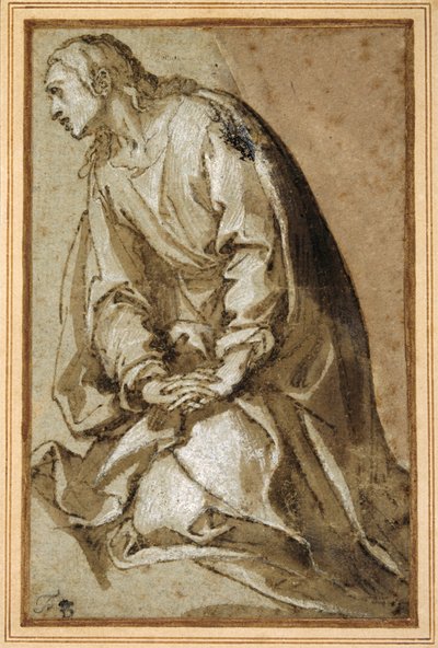 Un joven santo arrodillado en oración de Girolamo (circle of) Muziano