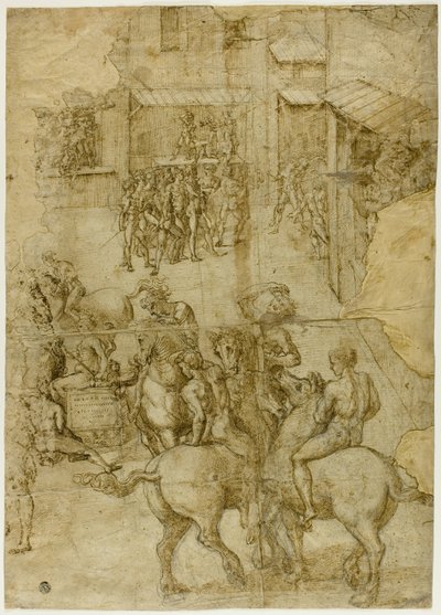 Desfile mitológico (recto); Inscripciones ilegibles y estudios anatómicos de cabeza (verso) de Girolamo Genga