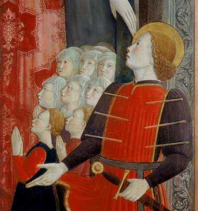 Detalle de San Sebastián, Madonna della Misericordia con San Venancio y San Sebastián, 1463 de Girolamo Giovanni