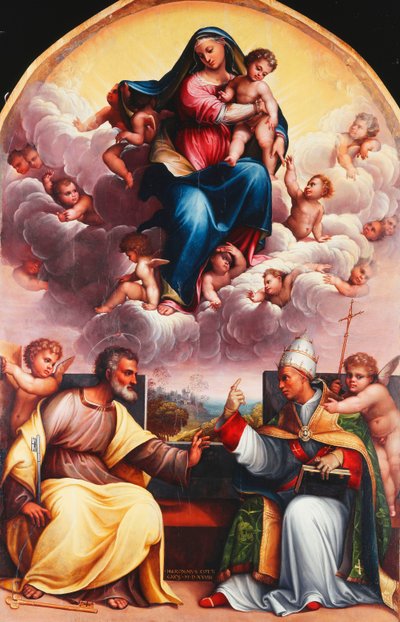La Virgen y el Niño en gloria con los santos Pedro y Gregorio el Grande disputando y ángeles de Girolamo Marchesi da Cotignola