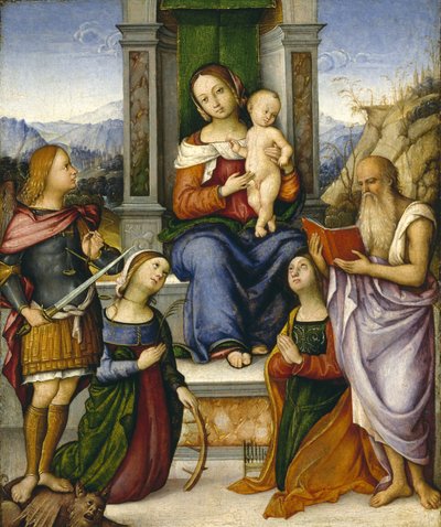 La Virgen y el Niño entronizados con los santos Miguel, Catalina de Alejandría, Cecilia y Jerónimo, c.1512 de Girolamo Marchesi da Cotignola