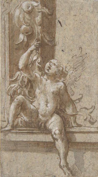 Un putto sentado en un marco de Girolamo Mazzola Bedoli