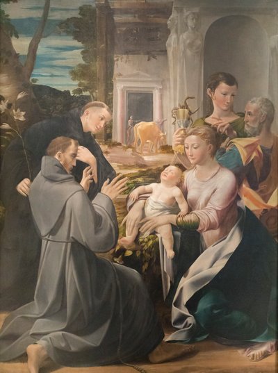 La Sagrada Familia con San Antonio de Padua, San Francisco de Asís y San Juan Evangelista, Girolamo Mazzola Bedoli de Girolamo Mazzola Bedoli