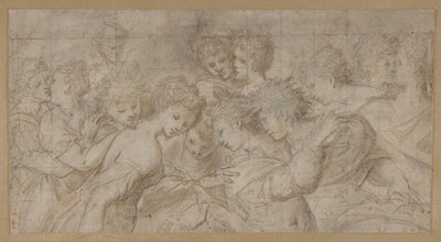 Figuras femeninas abrazándose, algunas sosteniendo partituras musicales, 1570-73 de Girolamo Mirol.