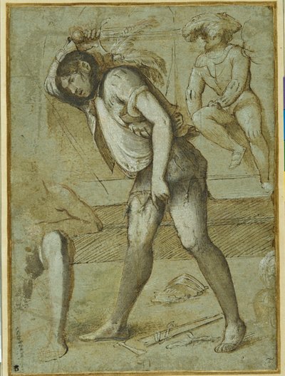 Un verdugo a punto de decapitar a un santo barbudo (pluma y tinta marrón con aguada y color de cuerpo blanco sobre papel) de Girolamo Romanino