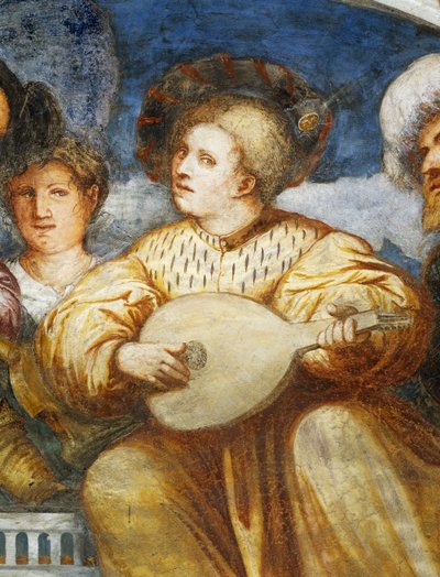 Concierto, jugador de mandolina entre pretendientes de Girolamo Romanino