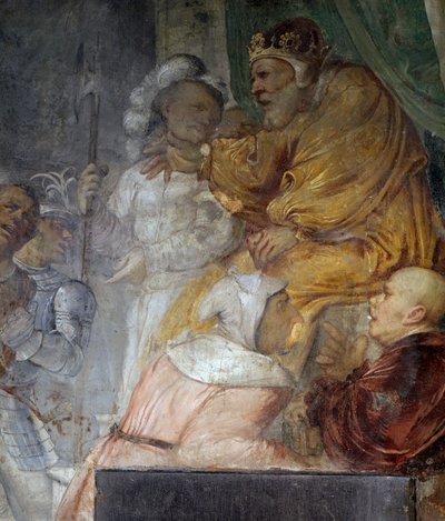 Nabucodonosor, detalle del milagro de los tres compañeros de Daniel, fresco de Girolamo Romanino (ca 1484-después de 1562), detalle de la pared derecha de la Iglesia de San Antonio Abad, Breno, Italia de Girolamo Romanino