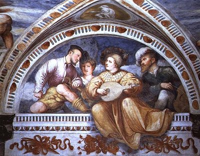 El concierto: instrumentos de cuerda, luneta de Girolamo Romanino