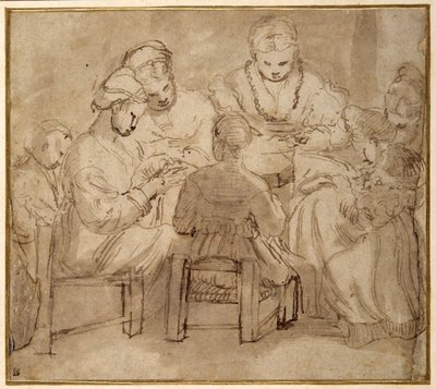 Mujeres y niñas sentadas alrededor de una mesa cosiendo de Girolamo Romanino