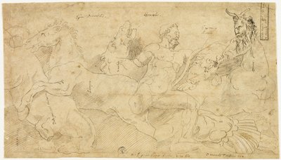Relieve antiguo con Hércules y las yeguas de Diomedes (anverso); dos bocetos: Sátiro drapeado y Figura femenina alada (verso) de Girolamo da Carpi