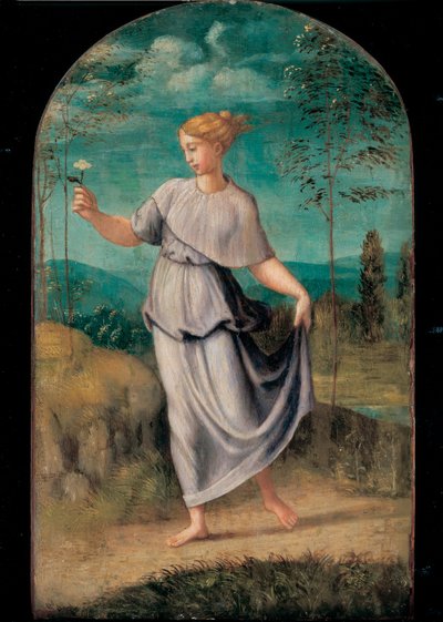 Joven mujer sosteniendo una flor con un extenso paisaje al fondo de Girolamo da Carpi