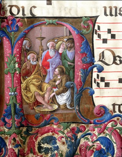 Letra decorada representando a Cristo lavando los pies (detalle) de Girolamo da Cremona