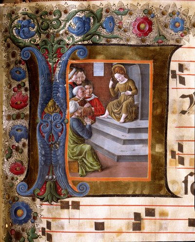 Letra decorada que representa al Niño Jesús y los Doctores. Miniatura de Girolamo da Cremona (activo alrededor de 1451-1483) y Liberale da Verona (1445-1529) de un coro (Cod. 19/4. c.13.) de la Catedral de Siena. Siglo XV Catedral (Duomo) de Siena, Italia de Girolamo da Cremona