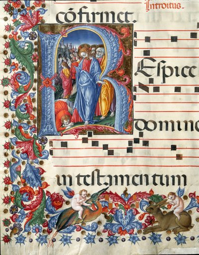 Letra decorada que representa a Cristo y al leproso. Miniatura de Girolamo da Cremona (activo alrededor de 1451-1483) y Liberale da Verona (1445-1529) de un coro (Cod. 19/4. c.26.) de la Catedral de Siena. Siglo XV Catedral (Duomo) de Siena, Italia de Girolamo da Cremona