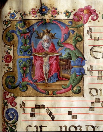 Letra B decorada representando la Santísima Trinidad (Trono de Gracia) Dios, Jesucristo y la paloma del Espíritu Santo (detalle) de Girolamo da Cremona