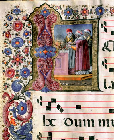 Escena de sacrificio en miniatura de Girolamo da Cremona (activo alrededor de 1451-1483) de un coro (Cod. 10/L. c.114v.) de la catedral de Siena. Siglo XV. Catedral (Duomo) de Siena, Italia de Girolamo da Cremona