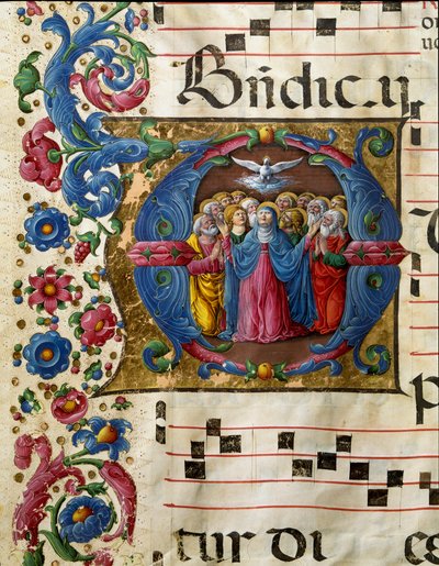 La paloma del Espíritu Santo aparece a la Virgen María y los apóstoles. Miniatura de Girolamo da Cremona (activo alrededor de 1451-1483) de un coro (Cod. 10/L. c.32v) de la Catedral de Siena. Siglo XV Catedral (Duomo) de Siena, Italia de Girolamo da Cremona