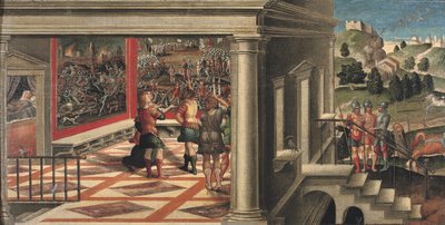 Escenas de Orlando Furioso (óleo sobre lienzo colocado sobre tabla) de Girolamo da Santacroce