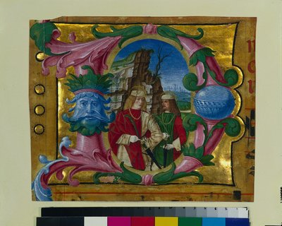 Inicial historiada D extraída de un libro de coro: Dos santos mártires, c. 1500-1510 de Girolamo dai Libri