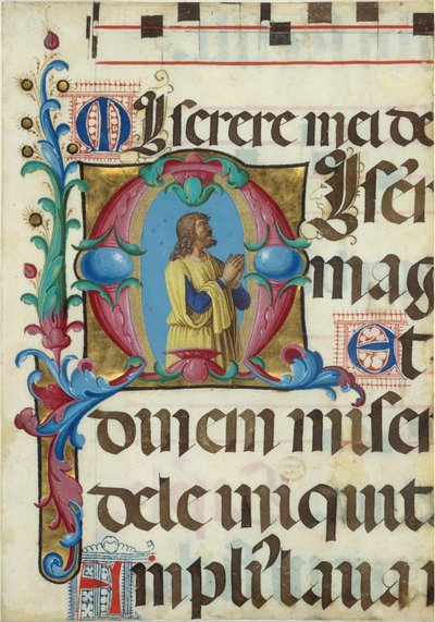 Iluminación de manuscrito con David en oración en una inicial M, de un Salterio, italiano, 1501-2 de Girolamo dai Libri