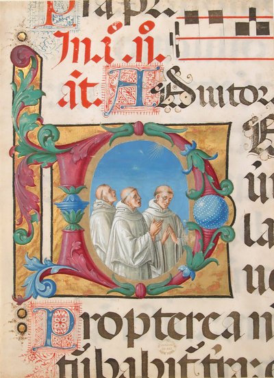 Iluminación de manuscrito con monjes cantando en una inicial D, de un Salterio, italiano, 1501-2 de Girolamo dai Libri