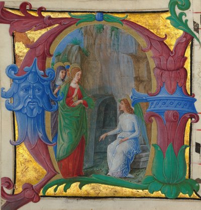 Iluminación de manuscrito con las santas mujeres en la tumba en una inicial A..., italiano, ca. 1490-1500 de Girolamo dai Libri