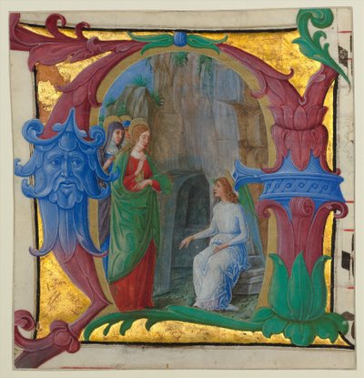 Iluminación de manuscrito con las santas mujeres en la tumba en una inicial A de Girolamo dai Libri