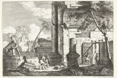 Ruinas antiguas con saqueadores de tumbas y palmeras Paisajes italianos (título de la serie) de Giuliano Giampiccoli