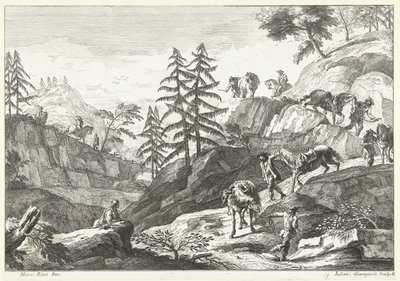 Paisaje de montaña con jinetes conduciendo caballos cuesta abajo por un sendero Paisajes italianos (título de la serie) de Giuliano Giampiccoli