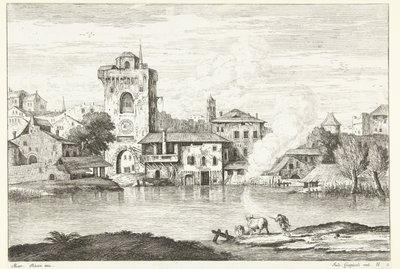Vista de la ciudad con una torre sobre el agua Paisajes italianos (título de la serie) de Giuliano Giampiccoli